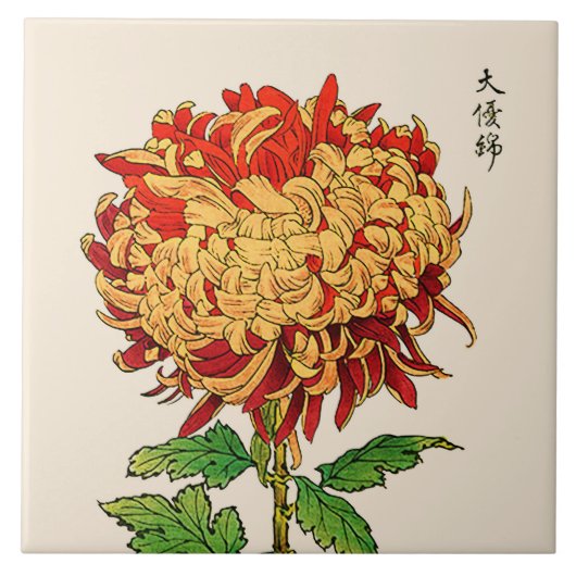  Japans Chrysanthemum. Goud en Sinaasappel Tegeltje (Voorkant)