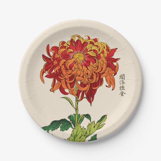 Japans Chrysanthemum. Rust en Sinaasappel Papieren Bordje (Voorkant)