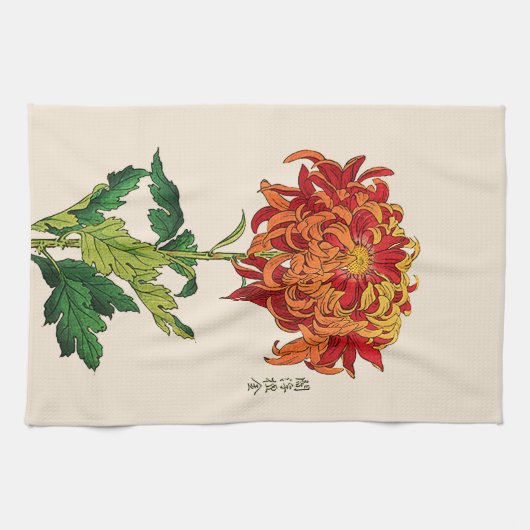 Japans Chrysanthemum. Rust en Sinaasappel Theedoek (Horizontaal)