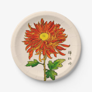  Japans Chrysanthemum. Sinaasappel en goud Papieren Bordje