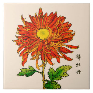 Japans Chrysanthemum. Sinaasappel en goud Tegeltje