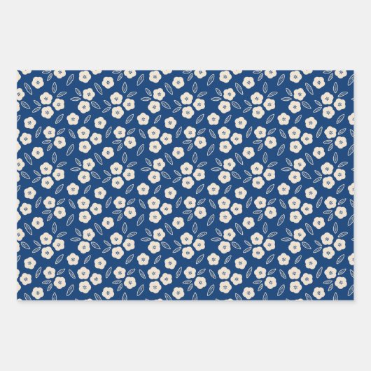 Japans Dark Blue en Champagne Floral Pattern Inpakpapier Vel (Voorkant 2)