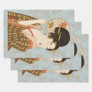  Japans Geisha Girl in Kimono met Fan Inpakpapier Vel