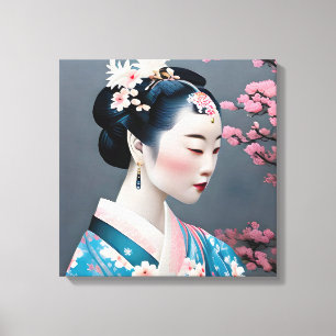 Japans geisha in een Cherry Blossom Garden Canvas Afdruk