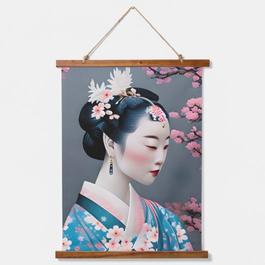 Japans geisha in een Cherry Blossom Garden Hangend Wandkleed (Voorkant)
