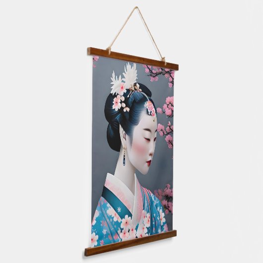 Japans geisha in een Cherry Blossom Garden Hangend Wandkleed (Gebogen)
