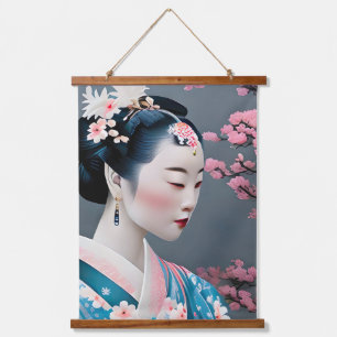 Japans geisha in een Cherry Blossom Garden Hangend Wandkleed