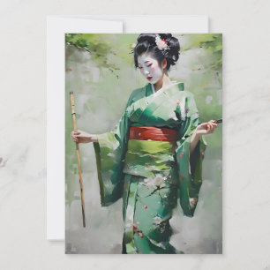 Japans Geisha in Groen B Portret Feestdagenkaart