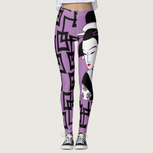 japans geisha meisje zwart wit paars grafisch leggings