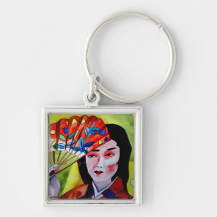 japans Geisha met fan waterverf originele kunst Sleutelhanger