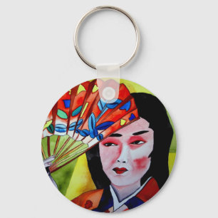 japans Geisha met fan waterverf originele kunst Sleutelhanger
