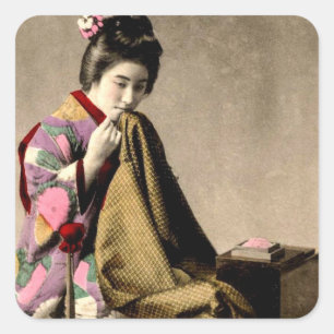  japans geisha naaien een kimono oud japan vierkante sticker