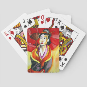 Japans geisha, origineel kunstschilderij waterverf pokerkaarten