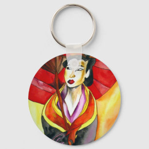 Japans geisha, origineel kunstschilderij waterverf sleutelhanger