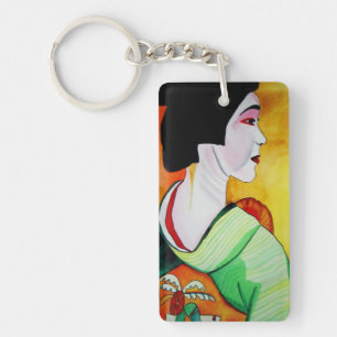 Japans geisha waterverf originele kunstschilderij sleutelhanger