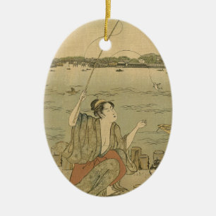 Japans Gevist Woodblock Fishermen Keramisch Ornament