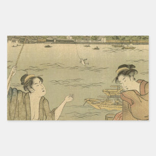 Japans Gevist Woodblock Fishermen Rechthoekige Sticker