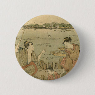Japans Gevist Woodblock Fishermen Ronde Button 5,7 Cm