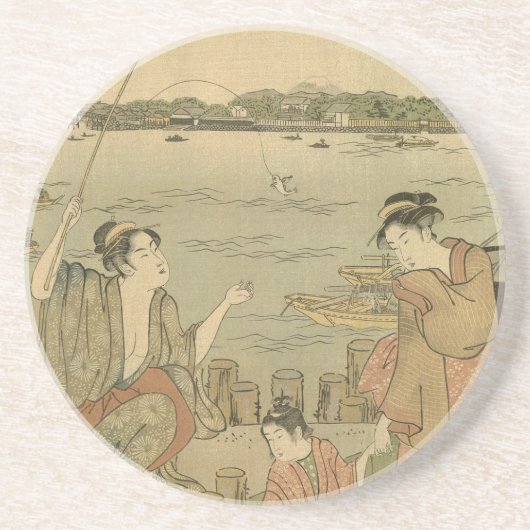 Japans Gevist Woodblock Fishermen Zandsteen Onderzetter (Voorkant)