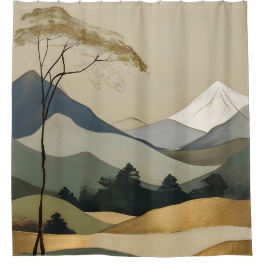 Japans Goud & Groen Berglandschap Douchegordijn (Voorkant)