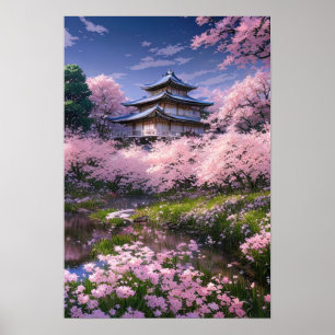 Japans herenhuis omarmd door Sakura Blossoms Poster