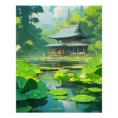 Japans huis en meer met groene lelie pads perfect poster (Voorkant)