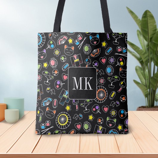 Japans Kawaii Doodles op zwart Monogram Initialen Draagtas