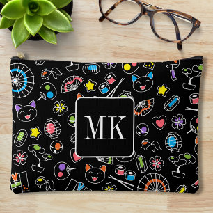 Japans Kawaii Doodles op zwart Monogram Initialen Etui