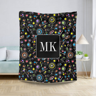Japans Kawaii Doodles op zwart Monogram Initialen Sherpa Deken