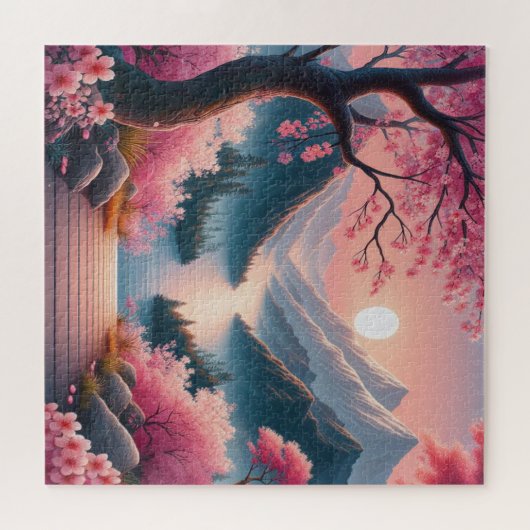 Japans Kersenbloesem Mountain Forest Landschap Legpuzzel (Horizontaal)