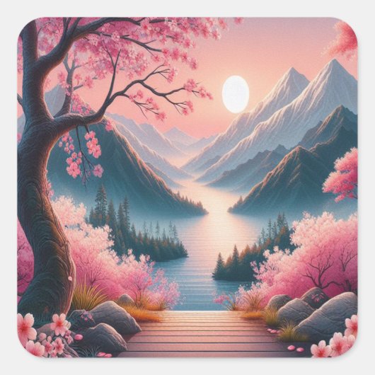 Japans Kersenbloesem Mountain Forest Landschap Vierkante Sticker (Voorkant)