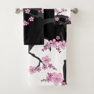 Japans Kimono Black en White Pink Sakura Bad Handdoek