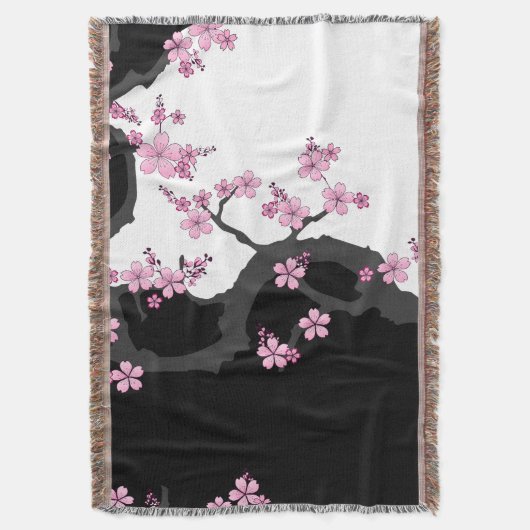 Japans Kimono Black en White Pink Sakura Deken (Voorkant Verticaal)