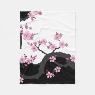 Japans Kimono Black en White Pink Sakura Fleece Deken