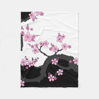 Japans Kimono Black en White Pink Sakura Fleece Deken