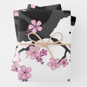 Japans Kimono Black en White Pink Sakura Inpakpapier Vel