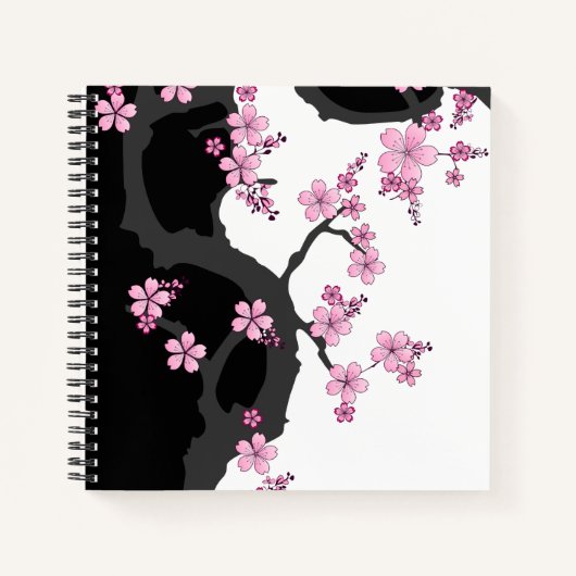 Japans Kimono Black en White Pink Sakura Notitieboek (Voorkant)