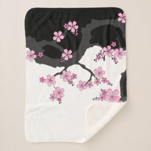 Japans Kimono Black en White Pink Sakura Sherpa Deken