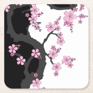 Japans Kimono Black en White Pink Sakura Vierkante Kartonnen Onderzetter