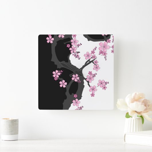 Japans Kimono Black en White Pink Sakura Vierkante Klok (Huis)