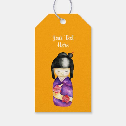 Japans Kokeshi Doll Waterverf Schilderij Cadeaulabel (Voorkant)