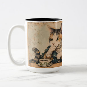 Japans kunst schattige kat met een kopje thee Tweekleurige Koffiemok