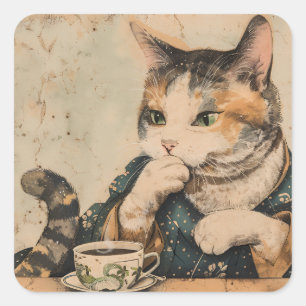Japans kunst schattige kat met een kopje thee Vierkante Sticker