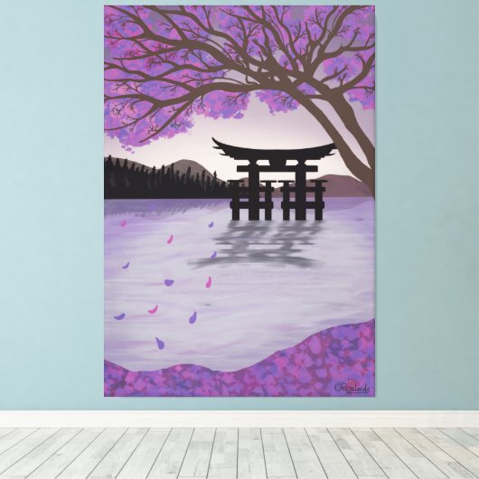 Japans kunstCherry Blossom Tree en Lake Canvas Afdruk (Insitu (Houten vloer))