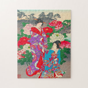 Japans kunstwerk - twee vrouwen die in de tuin van legpuzzel