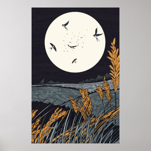 Japans  landschap bij nacht poster (Voorkant)