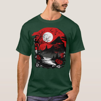 Japans landschap met bergbloesems en rode zon t-shirt