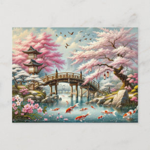 Japans landschap met brug-, koi- en sakura-bomen briefkaart