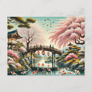 Japans landschap met brug-, koi- en sakura-bomen briefkaart