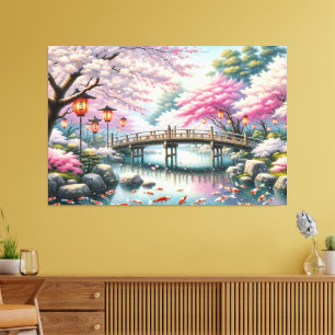Japans landschap met brug-, koi- en sakura-bomen canvas afdruk